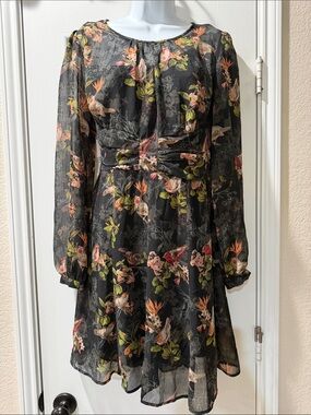 Vintage Black Floral & Bird Long-Sleeve Dress